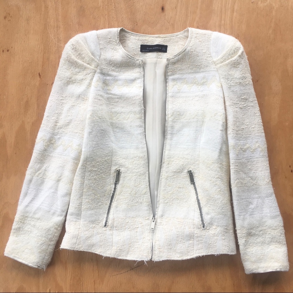 Zara White Blazer Zippered Pockets Textured Fabric